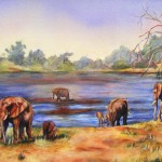 Mother and baby elephants at water hole_ 18x24